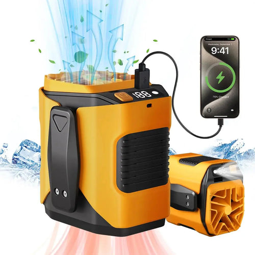 Upgraded Portable Waist Fan with Belt Clip – 6000mAh Power Bank, 100-Speed Adjustable, 15000RPM,Handheld/Neck/Hangable/Desk Fan with LED Light, Stand for Outdoor, Construction, Farming, Fishing Summervibes