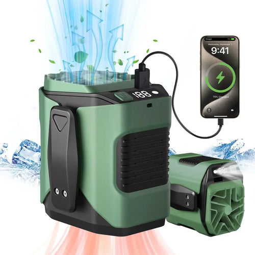 Upgraded Portable Waist Fan with Belt Clip – 6000mAh Power Bank, 100-Speed Adjustable, 15000RPM,Handheld/Neck/Hangable/Desk Fan with LED Light, Stand for Outdoor, Construction, Farming, Fishing Summervibes - Color: W/ extra phone charging port-green
